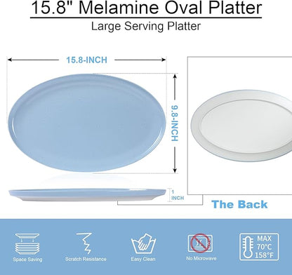 Webbylee ‌16" Melamine Oval Platter Set of 2- Lightweight Durable Serving Tray for Party, Catering & Home | Dishwasher Safe, Fits Turkey/Charcuterie-Blue & Beige