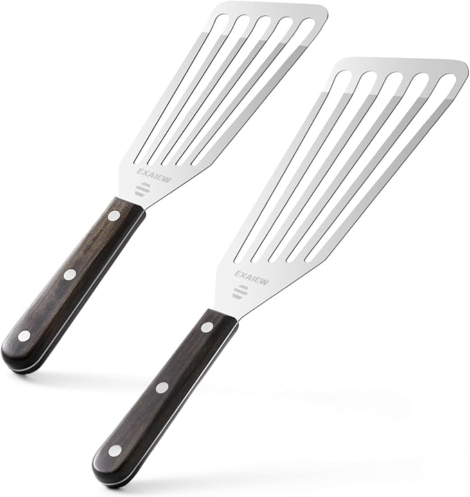 2 Pack Fish Spatula Stainless Steel，Flexible Metal Spatula Perfect for Flipping Eggs, Burgers and Baking, Durable Lightweight Kitchen Slotted Turner for Cooking & BBQ [Wooden Handle]