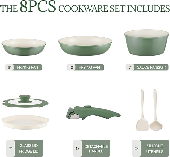 Ceramic Cookware Set Non Stick 8Pcs Pots and Pans Set Detachable Handle