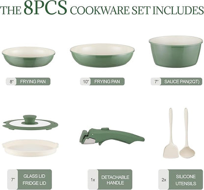 Ceramic Cookware Set Non Stick 8Pcs Pots and Pans Set Detachable Handle