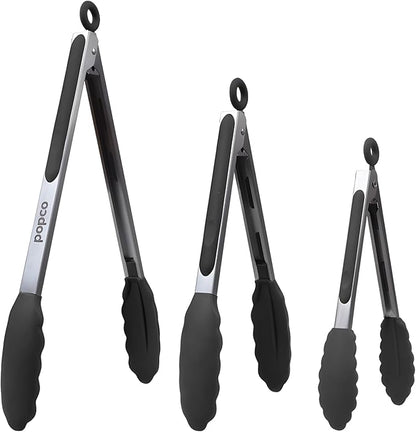Popco 3-Piece Kitchen Tongs Set – Stainless Steel Heat Resistant Silicone Tips, Strong Comfort Grip, 3 Sizes (7, 9, 12 Inch), Non-Scratch, Dishwasher Safe, for Cooking, BBQ, Salad