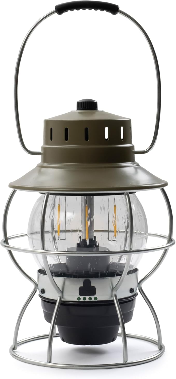 Barebones Railroad Lantern ??Olive Drab, Vintage-Inspired LED Camping Lantern with Rechargeable Battery ??Adjustable Brightness Outdoor Light for Camping Gear, Backyard, and Home Decor