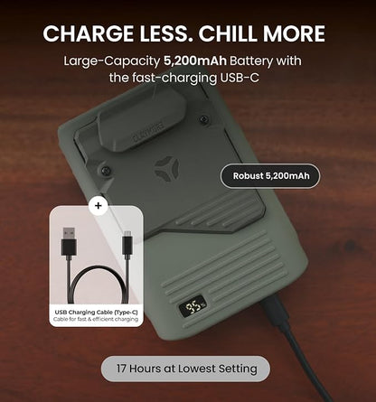 Claymore Clip Fan Khaki ??Portable Rechargeable Neck Waist Wearable Fan with 5200mAh Battery, 5-Speed Quiet BLDC Motor, Hands-Free Neck Strap Design, USB-C Charging Camping, Hiking, Outdoor Use