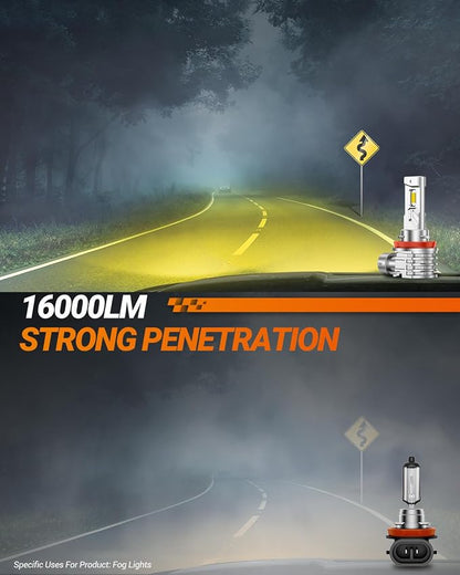 SEALIGHT H8/H11 LED Fog Light Bulbs Yellow, 16000LM Super Bright H11 LED Fog Lights Amber Yellow H8/H16, 1000% Brighter High Penetration, Plug & Play, Pack of 2