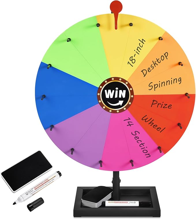 18-inch Tabletop Prize Wheel, Prize Wheel Spinner with Stand & Storage Base, Featuring a Prize Wheel with 14 Customizable Color Sections. Suitable for Party Games, Family Games (Original)
