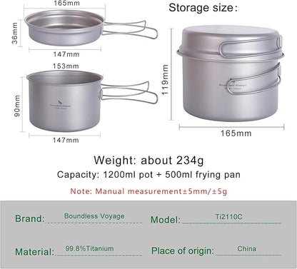 iBasingo Backpacking Cookset Titanium Camping Pots Set Ultralight Outdoor Picnic Pots Pans with Folding Handle Druable Portable Cooking Mess Kit Compact Picnic Dishes Bowls Cups (Multiple Sizes)
