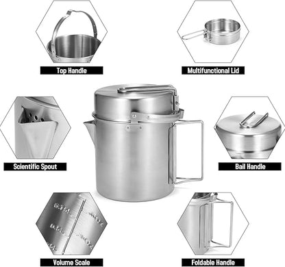 Lixada Camping Pot Stainless Steel Lightweight Kettle Bottle Cup or Pot with Foldable Handle and Dual Use Cover for Camping Hiking Backpacking Picnic