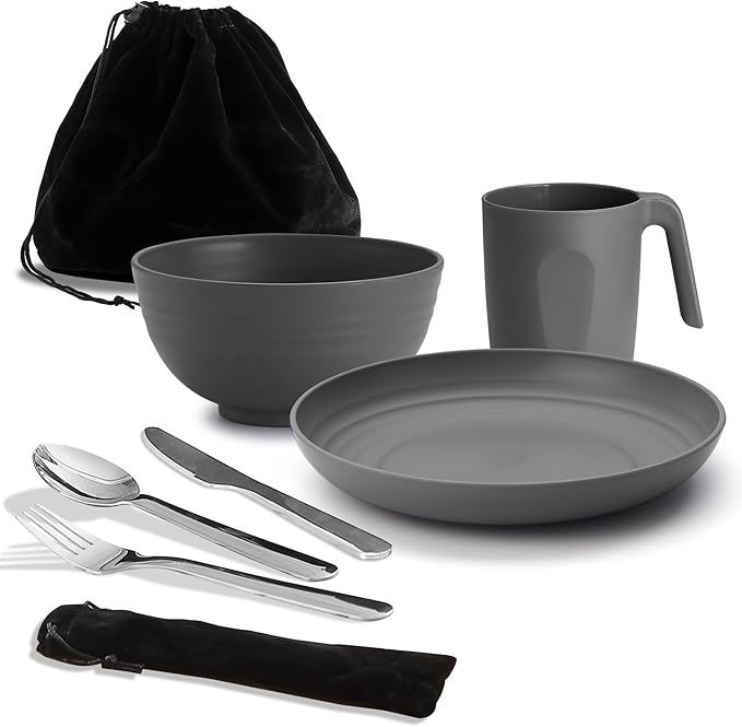 Camping Utensils, Reanea Camping Mess Kit for Travel, Camping, Picnic, Outdoor, Camping Gear Include Knife, Spoon, Fork Cutlery Set, Cup, Bowl, Plate, Camping Essentials for 1