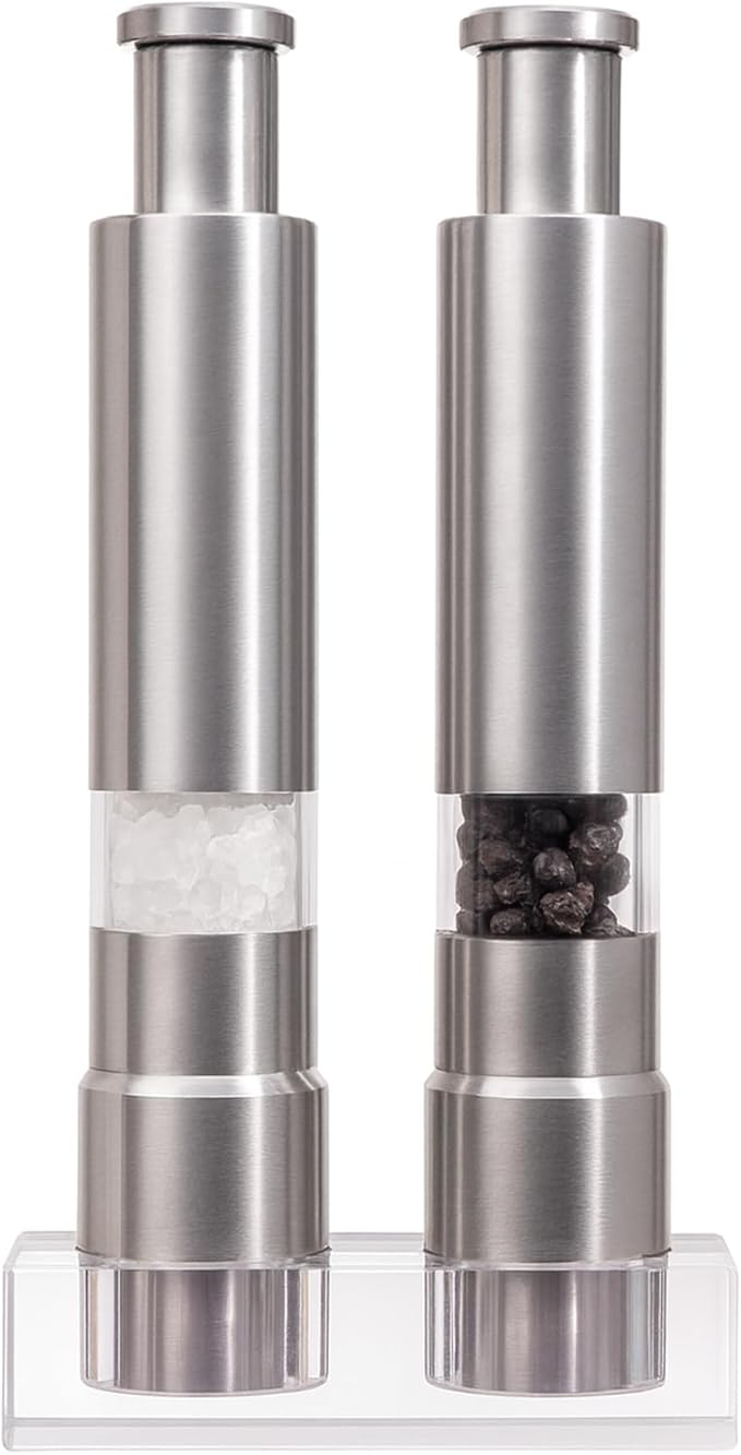 Salt and Pepper Grinder Set, Pump & Grind Peppermill, 2 Refillable Stainless