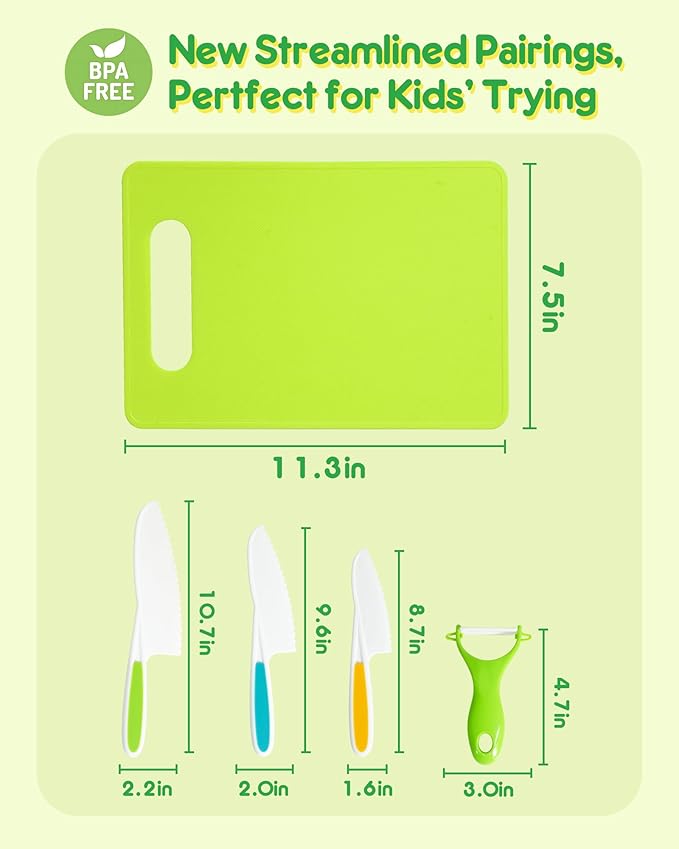 Kids Knife Set, 5 Pcs Montessori Kitchen Tools for Toddlers' Real Cooking, BPA Free Kids Safe Kitchen Cooking and Baking Set with Peeler, Cutting Board for Sandwich Bread Vegetable Fruit Present Gift