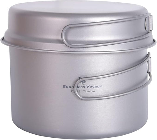 iBasingo Backpacking Cookset Titanium Camping Pots Set Ultralight Outdoor Picnic Pots Pans with Folding Handle Druable Portable Cooking Mess Kit Compact Picnic Dishes Bowls Cups (Multiple Sizes)