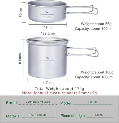 iBasingo Backpacking Cookset Titanium Camping Pots Set Ultralight Outdoor Picnic Pots Pans with Folding Handle Druable Portable Cooking Mess Kit Compact Picnic Dishes Bowls Cups (Multiple Sizes)