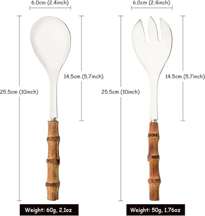 Serving Spoon and Fork Set, 304 Stainless Steel Serving Utensils with Natural Bamboo Handle, 10" Long Handle Serving Set for Kitchen Party Buffet, 4 Pieces / 2 of Each