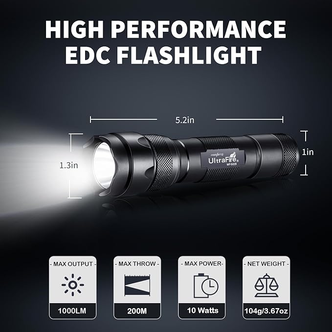 ULTRAFIRE Tactical Flashlight with Holster, 1000 Lumens Single Mode LED Flashlight with Duty Belt Holster, Bright Small EDC Flashlight with Flashlight Carry Case Pouch, WF-502B (Battery Not Included)