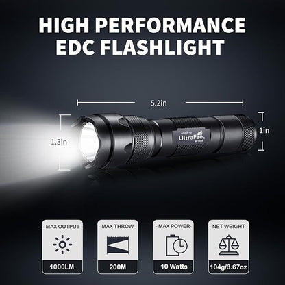 ULTRAFIRE Tactical Flashlight with Holster, 1000 Lumens Single Mode LED Flashlight with Duty Belt Holster, Bright Small EDC Flashlight with Flashlight Carry Case Pouch, WF-502B (Battery Not Included)