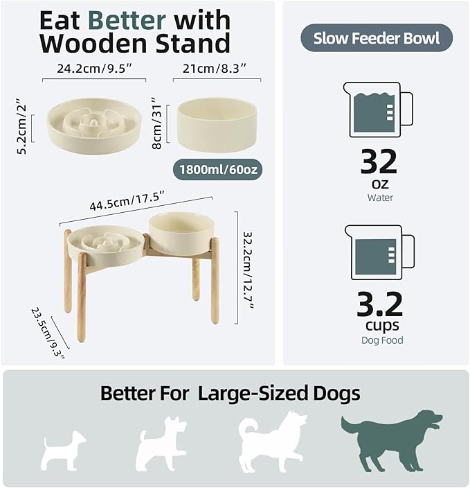 3.2 Cup Ceramic Raised Slow Feeder Dog Bowl Set, Elevated 8.2inch Bowl and
