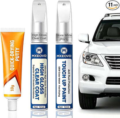 Stone White PW1 Touch Up Paint Compatible with Jeep, All in One Car Scratch Repair Kit with Primer Putty & Clear Coat, Complete Sanding Tools Set for Scratches Chips Nicks