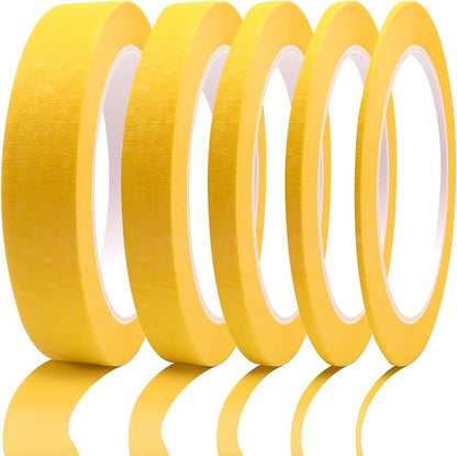 5 Rolls Pinstripe Tape - Masking Tape 1/16", 1/8", 1/4", 1/2", 3/4" - Thin Painters Masking Automotive Tape for DIY, Car, Auto, Paint, Art, Tumblers (Yellow)