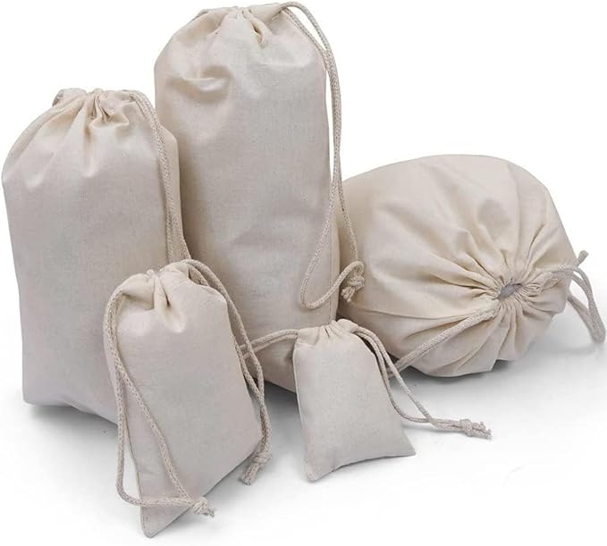 100Pcs 8 x 12 Inches Premium Cotton Muslin Double Drawstring Bags, Reusable Bag Natural Cotton Bags with Drawstring Produce Bags Bulk Gift Bag Jewelry Pouch for Party Wedding Home Storage