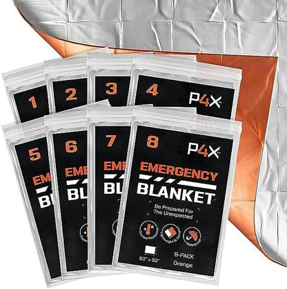 PREPARED4X Mylar Blankets 8 Pack - Waterproof Emergency Blanket - Rip and Tear Resistant Survivalist Gear - Emergency Thermal Blanket for Outdoor Survival