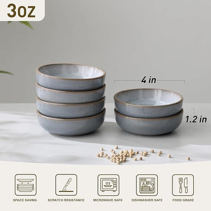 famiware Nature Ceramic Soy Sauce Dish, Dipping Bowls Set of 6, 3 oz Dipping Sauce Bowls/Dishes/Cups/Plates, Small Serving Bowls for Side Dishes, Condiments, Sushi, Appetizer, Dessert, Light Blue