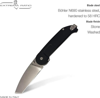 Extrema Ratio - BF2 CT (STONE WASHED), Folding Knife, Böhler N690 stainless steel blade hardened to 58 HRC, stone-washed finish, smooth anticorodal aluminum handle, dual guards, reversible clip