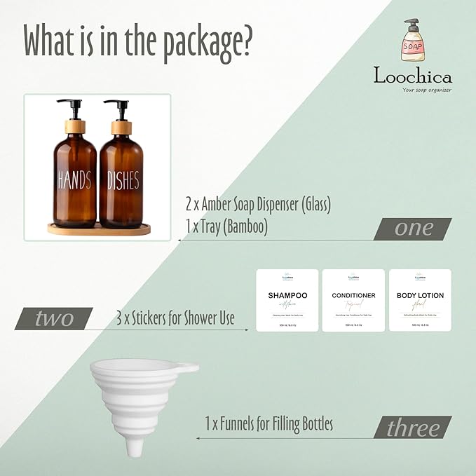 LOOCHICA Amber Glass Soap Dispenser Set