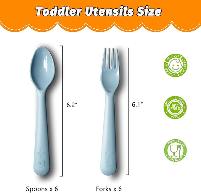12 Pcs Plastic Toddler Utensils Set 6 Kids Forks and 6 Kids Spoons BPA Free/Dishwasher Safe Toddler Silverware Brightly Colored Kid Plastic Cutlery Set-Blue