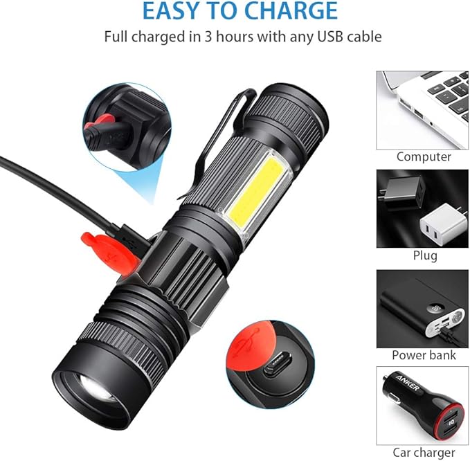 Rechargeable LED Flashlights, Magnetic Flashlight Super Bright Tactical Flashlight with SideLight,USB Rechargeable,Zoomable,Waterproof Best Small Flashlight for Camping, Emergency
