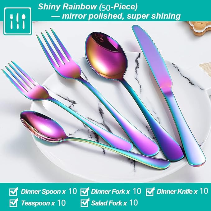 50 Pcs Rainbow Silverware Set for 10, Food Grade Stainless Steel Flatware Set, Eating Utensils Sets Include Fork/Knife/Spoon,Home Kitchen Tableware Set, Reusable Cutlery Set, Dishwasher Safe