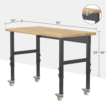 48" Adjustable Workbench,Heavy-Duty Work Table,3000 LBS Load Capacity Hardwood Workstation with Wheels,for Workshop, Garage