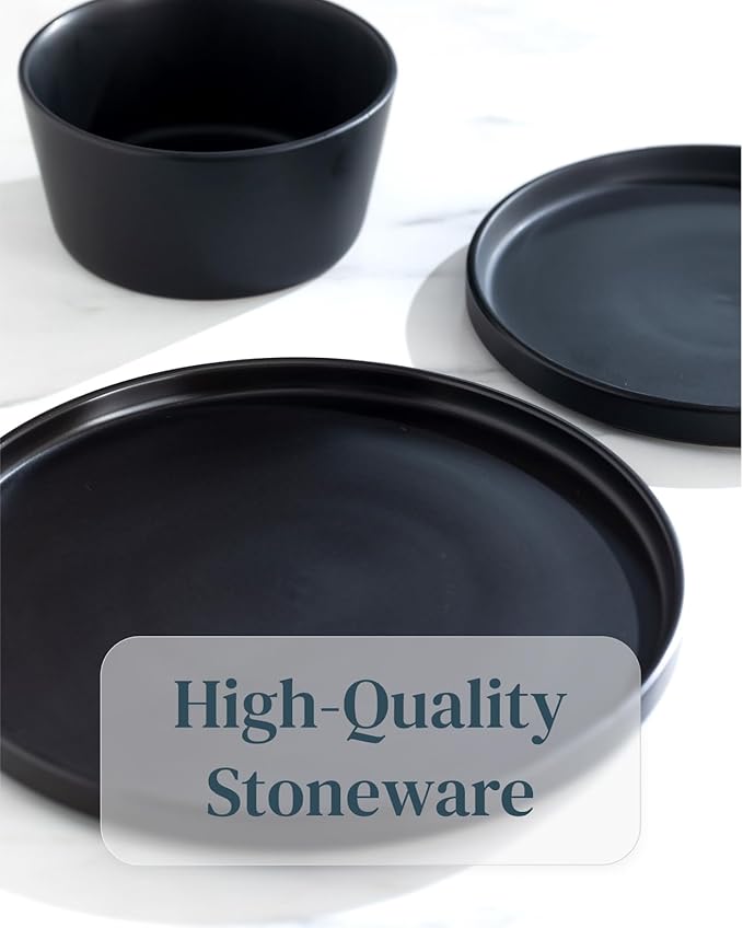 Stoneware dinnerware set 8 persons 24 pcs – Ultra chic matte black plates and bowls set – Dishwasher and microwave safe – Bowl and plate set – Dinner service Pure Living