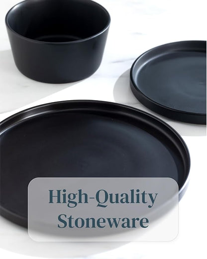 Stoneware dinnerware set 8 persons 24 pcs – Ultra chic matte black plates and bowls set – Dishwasher and microwave safe – Bowl and plate set – Dinner service Pure Living