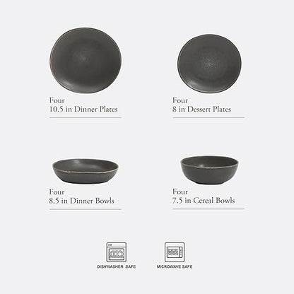 Gibson Elite Zion Mist 16 Piece Stoneware Reactive Glaze (Service for 4) Ceramic Plates and Bowls Modern Organic Dinnerware Set - Black