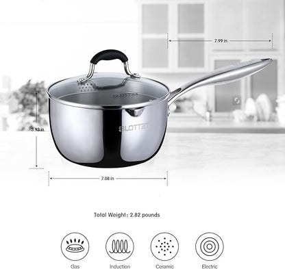 Tri-Ply Whole-Clad Stainless Steel Sauce Pan with Pour Spout,1.5 Quart Small Multipurpose Pasta Pot with Strainer Glass Lid, Saucepan for Cooking with Stay-cool Handle.