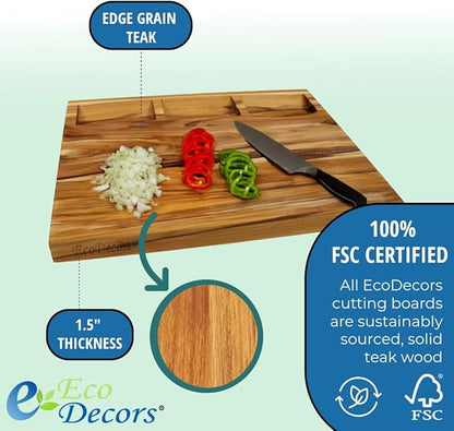 EcoDecors, Teak Cutting Board 20"x15" Reversible Edge Grain, Extra Large Solid Teak Wood Carving Board with Juice Groove, 3 Charcuterie Trays, Side Handles, Best Wooden Cutting Board for Kitchen