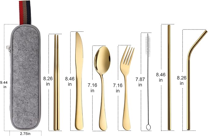 DEVICO Portable Utensils, Travel Camping Cutlery Set, 8-Piece including Knife Fork Spoon Chopsticks Cleaning Brush Straws Portable Case, Stainless Steel Flatware set (Gold)
