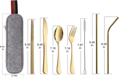 DEVICO Portable Utensils, Travel Camping Cutlery Set, 8-Piece including Knife Fork Spoon Chopsticks Cleaning Brush Straws Portable Case, Stainless Steel Flatware set (Gold)