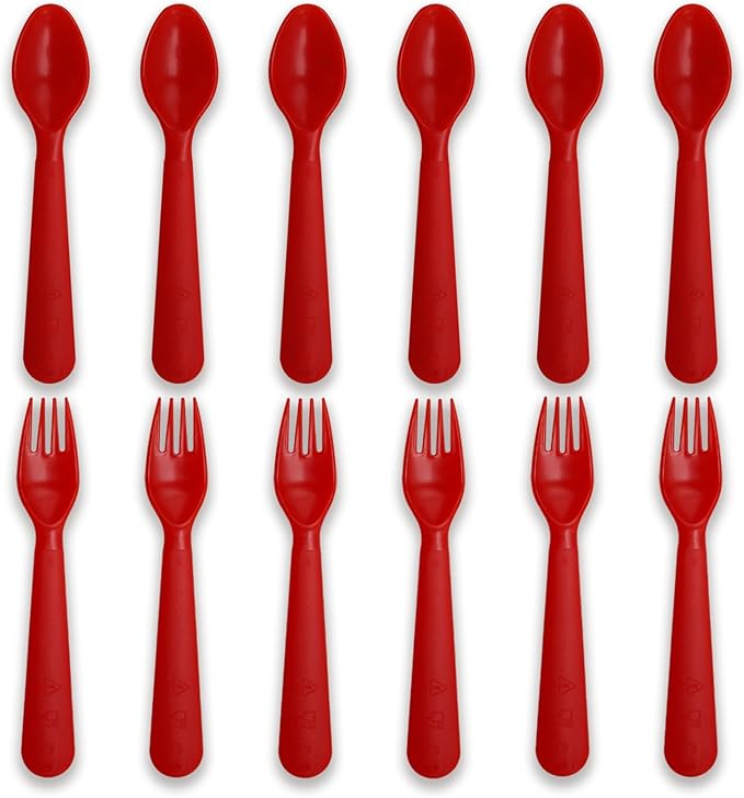 12 Pcs Kids Spoons and Forks Toddler Utensils Plastics Reusable Silverware Baby Cutlery Set Feeding Dinnerware Utensils BPA Free Microwave Dishwasher and Freezer Safe- Red