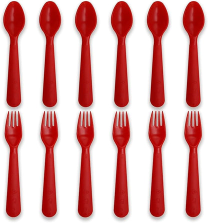 12 Pcs Kids Spoons and Forks Toddler Utensils Plastics Reusable Silverware Baby Cutlery Set Feeding Dinnerware Utensils BPA Free Microwave Dishwasher and Freezer Safe- Red