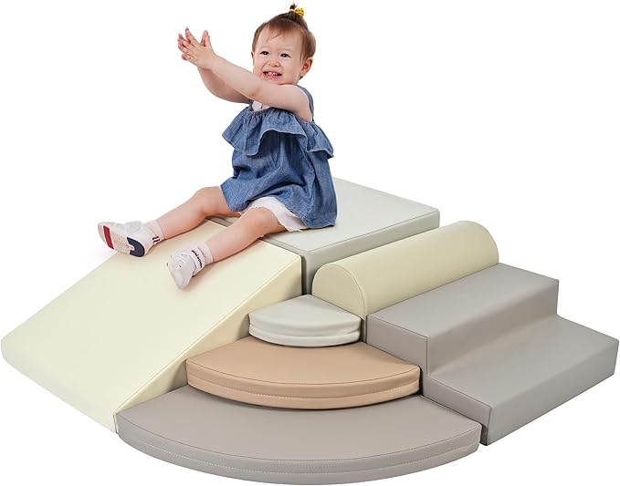 Merax 7-Piece Soft Foam Blocks, Baby Soft Climbing Toys for Toddlers 1+, Indoor Climbing Crawling Activity Play Set, Corner Soft Play Climber Set, Cappuccino