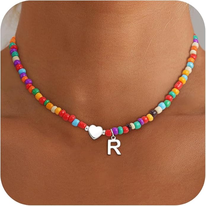 Colorful Initial Necklaces for Girls Women Kids - Teen Girls Gifts Trendy Beaded Initial Necklace Dainty Letter Gifts Choker Necklace for Girl Jewelry