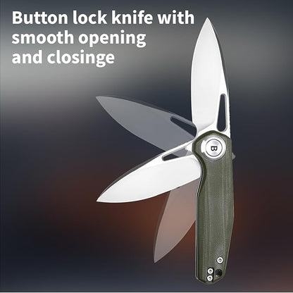 Pocket Folding Knife,3.15" D2 Steel Blade,Green G10 Handle,Push Button Lever Lock,Pocket Knife with Pocket Clip for Outdoor,Survival,EDC