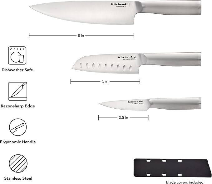 KitchenAid 3 Piece Forged Chef Knife Set High Carbon Japanese Steel, Includes 8