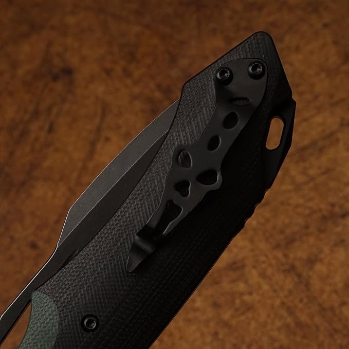 D2 Steel Folding Knife - 9CM Black Tactical Blade, G10 Handle, Pocket Clip - EDC Camping, Survival, Hunting - 60-61HRC, Vacuum Heat Treated, Stonewash Finish
