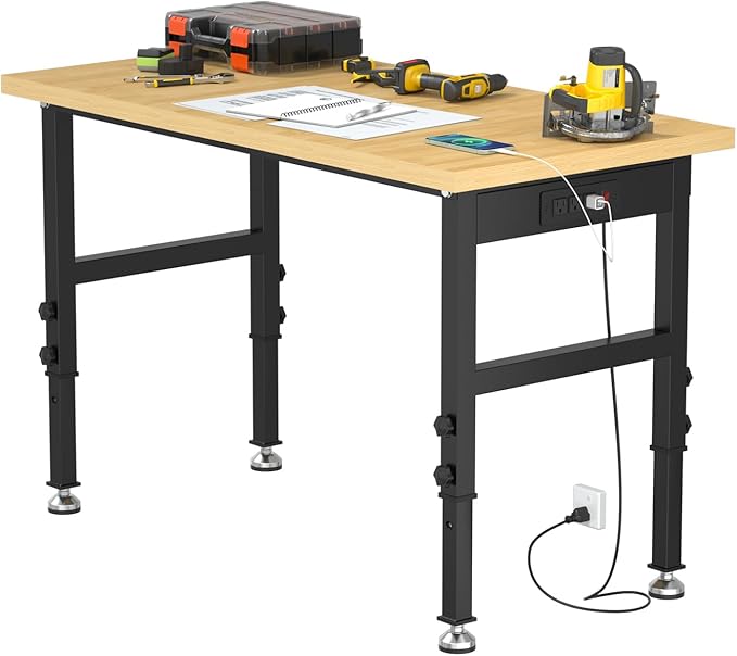 48" Adjustable Workbench, Heavy-Duty Work Bench, 2000 LBS Worktable with Power Outlets, Portable Chipboard Work Station for Repair Shop, Workshop, Office