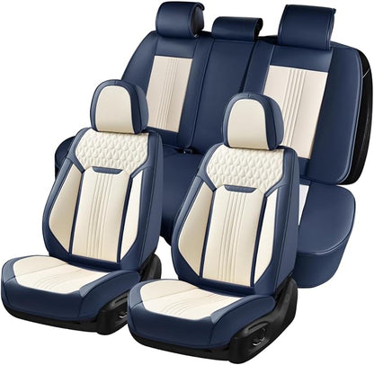 Coverado Car Seat Covers Full Set, Front Seat Cover and Back Seat Covers for Cars, Faux Leather Waterproof Seat Covers, Universal Seat Covers for Most Vehicles (Air Backrest-Blue&White, FullSet)