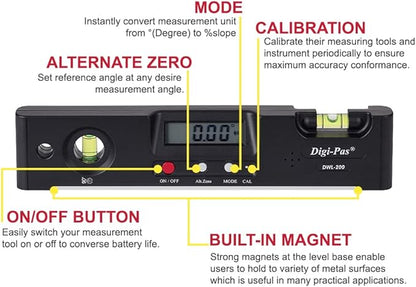 Digi-Pas DWL200 Electronic Torpedo Level, Protractor, Angle Gauge, Angle Finder