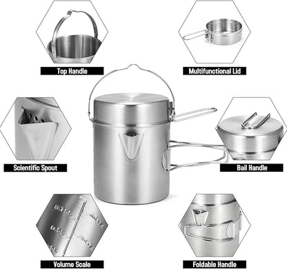 Lixada Camping Cooking Kettle 1L Stainless Steel Pot with Foldable Handle and Dual Use Cover Portable for Hiking Backpacking Picnic