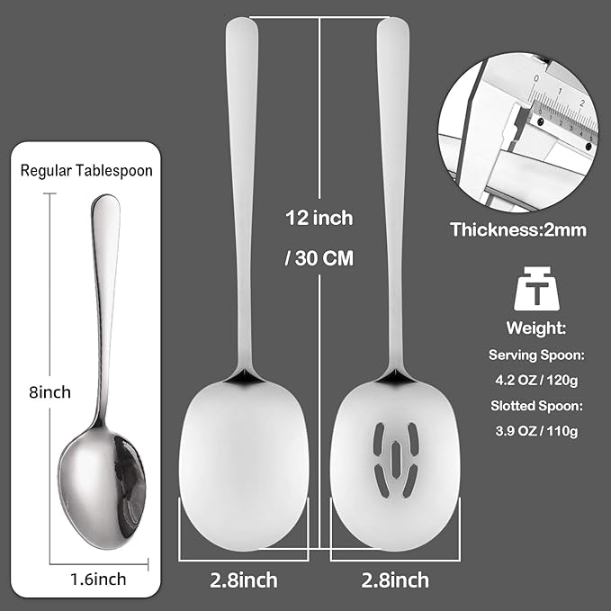 SOLEADER Extra Large Serving Spoons Set, 12 Inch Slotted Spoon and Serving Spoon, Premium Spoons Silverware, Cooking Spoon, Pasta Spoon, Mixing Spoon, Foodgrade 18/8 Stainless Steel, Pack of 2